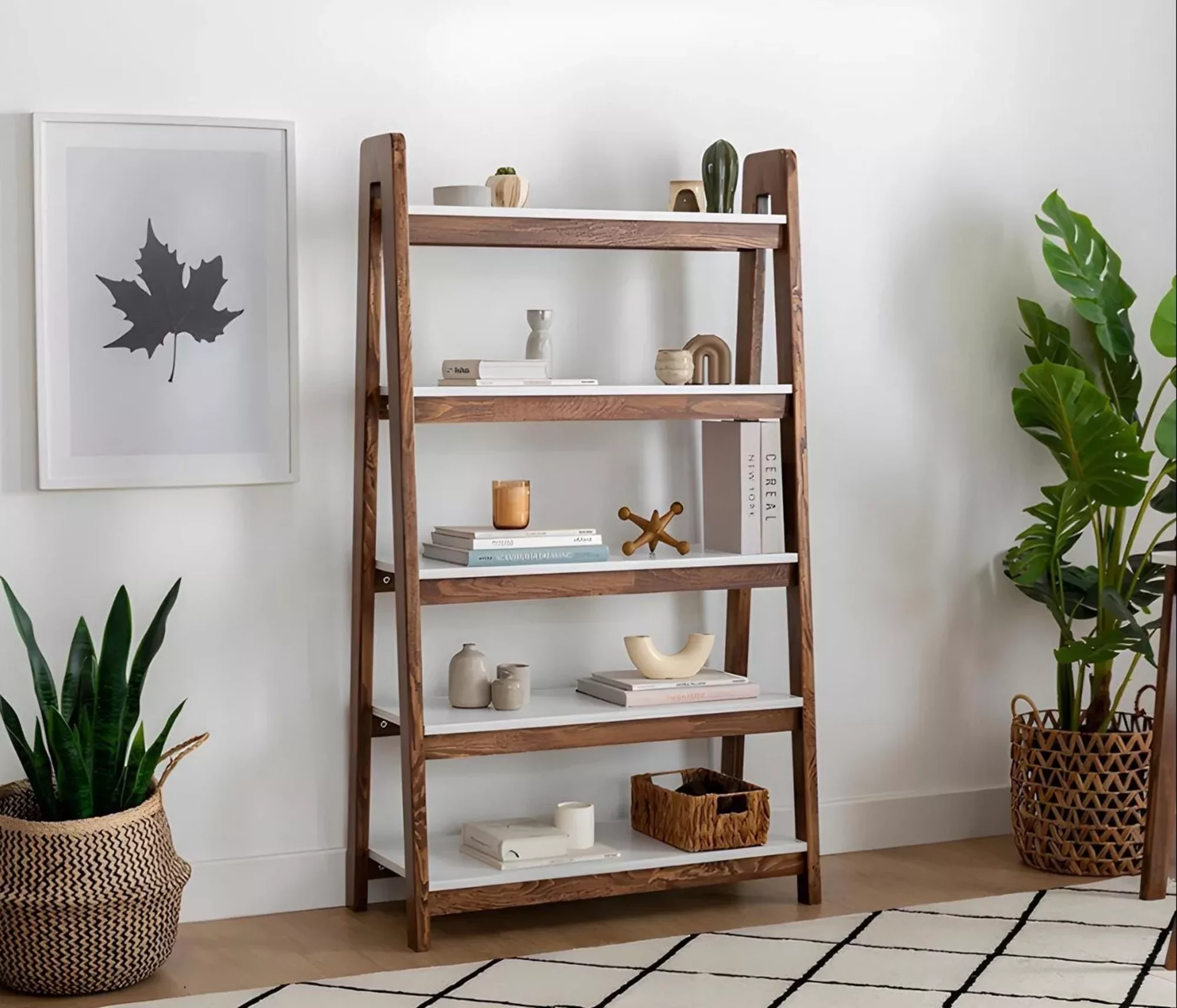 Brown-White Bookshelf Living Room Designer Wooden Shelves Fine Furniture