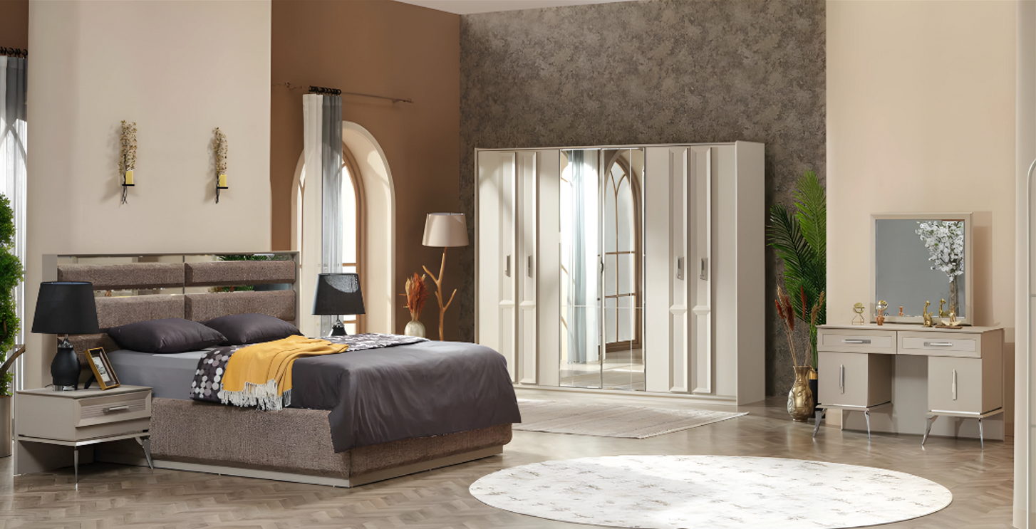 Bedroom set 6-piece luxury design complete furniture gray bed wardrobe.