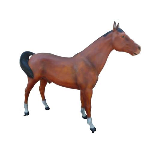 Decorative massive garden sculpture designed as brown colored horse figure 223cm length