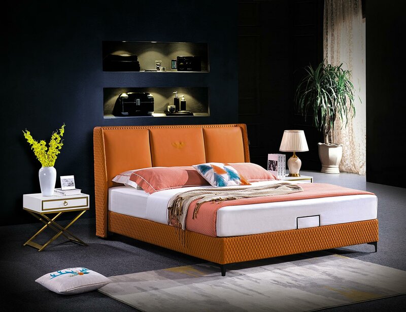 Bed Upholstery Orange Luxury Double Hotel Beds Leather Bedroom 180x200 Furniture