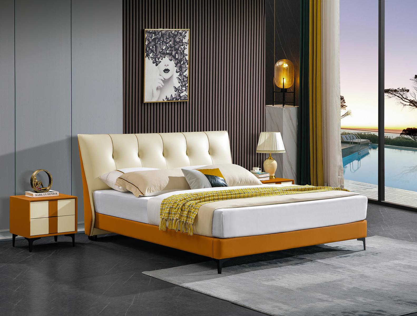 Designer Bed Orange Leather Hotel Faux Leather Beds Double Sleeping Room Furniture