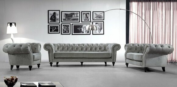 Chesterfield XXL Sofa Set 5+4+1 Seaters Textile Upholstered Grey Couches New