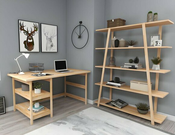 Light brown study set designer office table wooden bookcase