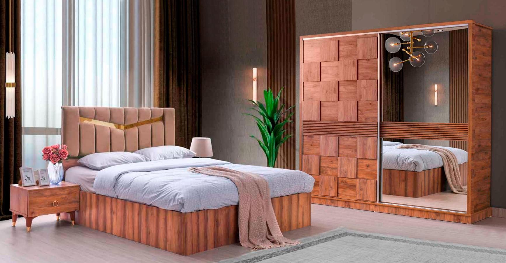 Bedroom Set 4-Piece Bed Bedside Wardrobe Modern Rectangular Style Brown