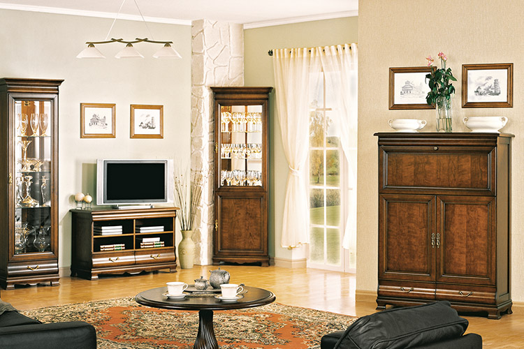 Living room classic wooden set of sideboard, TV lowboard, showcase, cupboard & round table model - Neptune 2