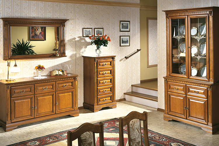 Living room set of classic wooden chest of 5 drawers, sideboard, showcase & mirror model Orfeusz 1