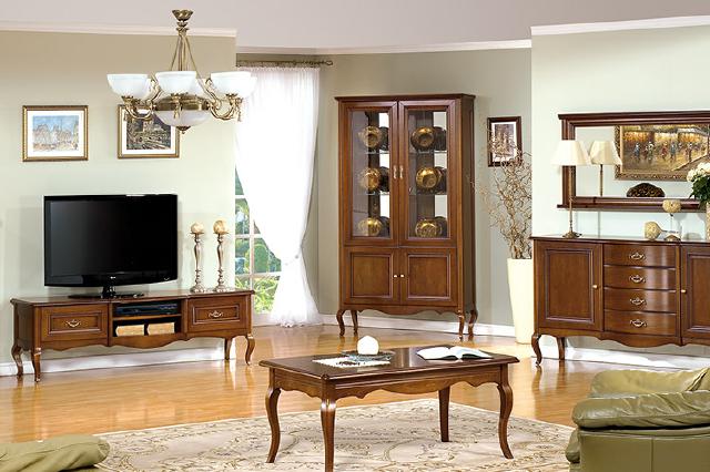 Living room set of showcase, TV lowboard, coffee table, sideboard & mirror in classic style prato collection