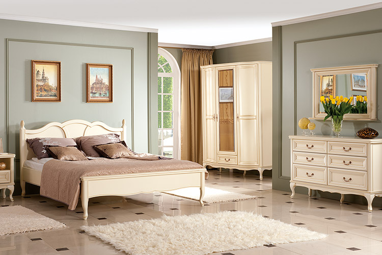 Bedroom wooden set of double bed, wardrobe, 2x bedside tables, chest of drawers & mirror italian furniture classic wersal collection