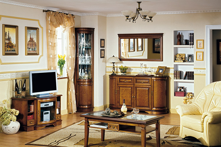 Living room wooden set of TV lowboard, sideboard, coffee table, showcase & mirror Zefir 3