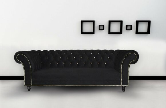 Chesterfield Sofa 3-Seater Black Faux Leather / Textile Fabric Upholstery Comfortable Couch With Buttons New