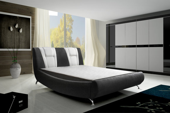 Modern style designer marriage double bed made of real wooden frame leather upholstered model Alexia (KB)