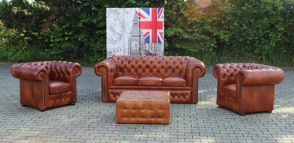 Chesterfield Classic Sofa Set 3+1+1 Seaters Comfortable Brown Full-grain Leather English With Cushions New