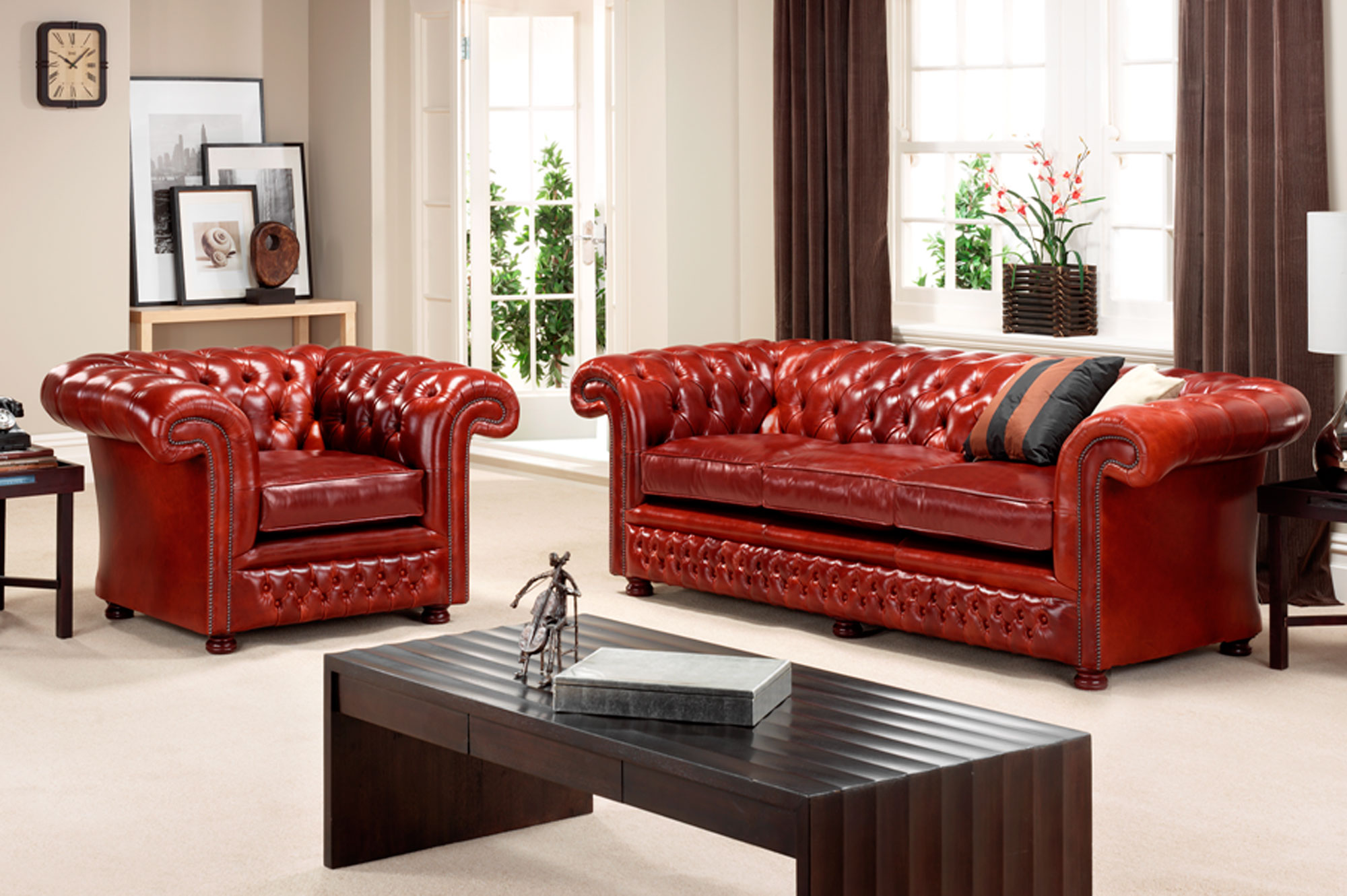 Chesterfield Complete Sofa Set 3+2+1 Seaters Faux Leather Glossy Red + Gold Colours New Couches