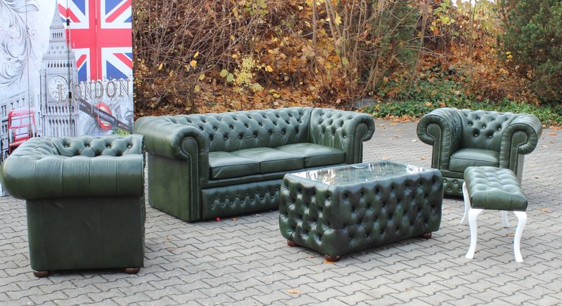 Chesterfield Sofa Set 3+1 Seaters Dark Green 100% Italian Cowhide Leather Upholstery Classic English Style Sofa New