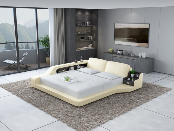 Multifunctional modern style designer marriage double bed made of real wooden frame leather upholstered model LB8841