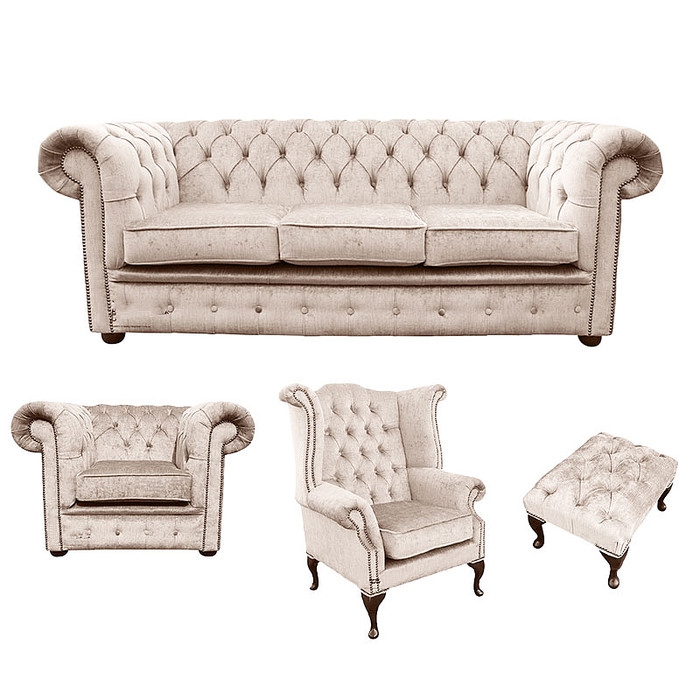 Chesterfield Classic Sofa Set 3+1 Seaters + Wing Chair + Stool Textile Light Beige Comfortable Couches with Cushions New