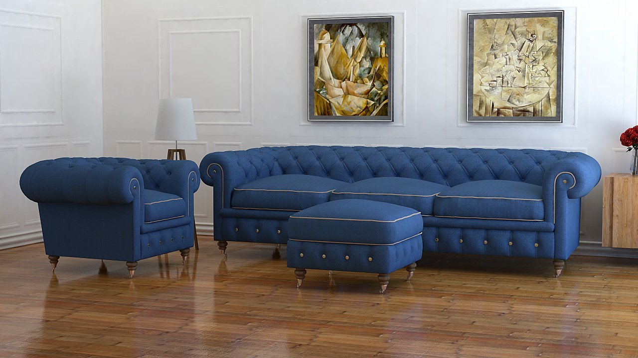 Classic Chesterfield Sofa Set 4-Seater + 1-Seater Armchair + Stool Blue Textile Fabric Comfortable With Cushions New