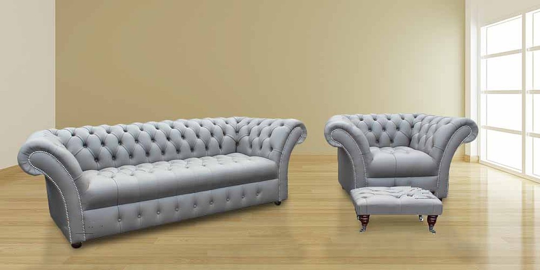 Chesterfield Sofa Set 3+1 Seaters + Stool Snow White Classic Couch Textile Fabric Upholstered New