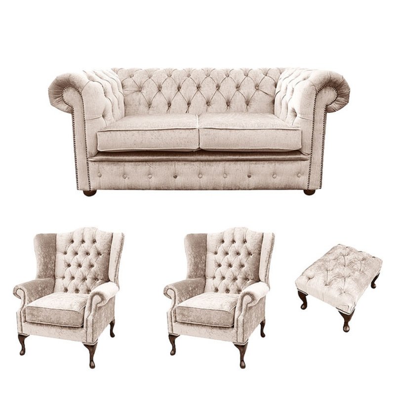 Luxurious Chesterfield Sofa Set 2-Seater + 2x Wing Back Chair + Stool Textile Upholstered Beige Comfortable New