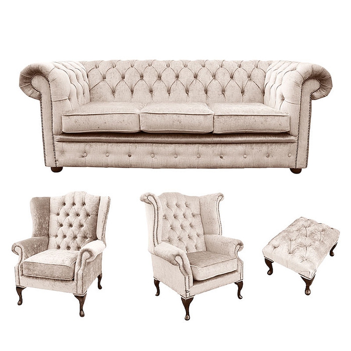 Chesterfield Sofa Set 3-Seater + 2x Wing Chairs + Stool Textile Beige Couches Living Room New