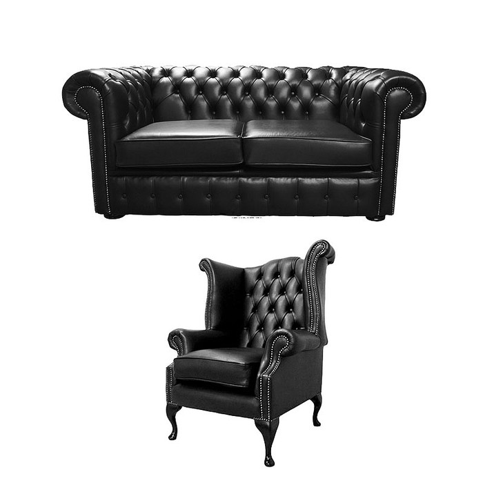 Chesterfield Sofa Set 2-Seater + Wing Chair Upholstered Black Faux Leather Luxurious Classic Style New