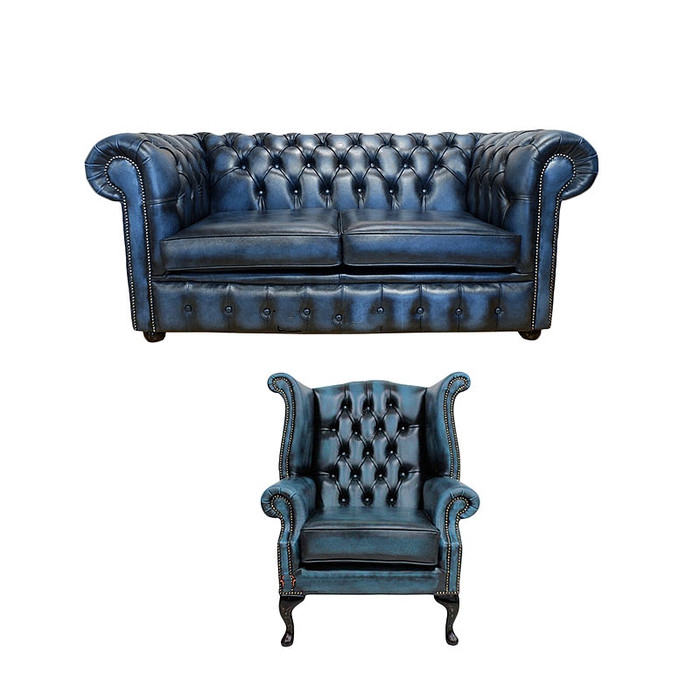 Chesterfield Sofa Set 2-Seater + Wing Chair Blue Faux Leather New Comfortable Couches New