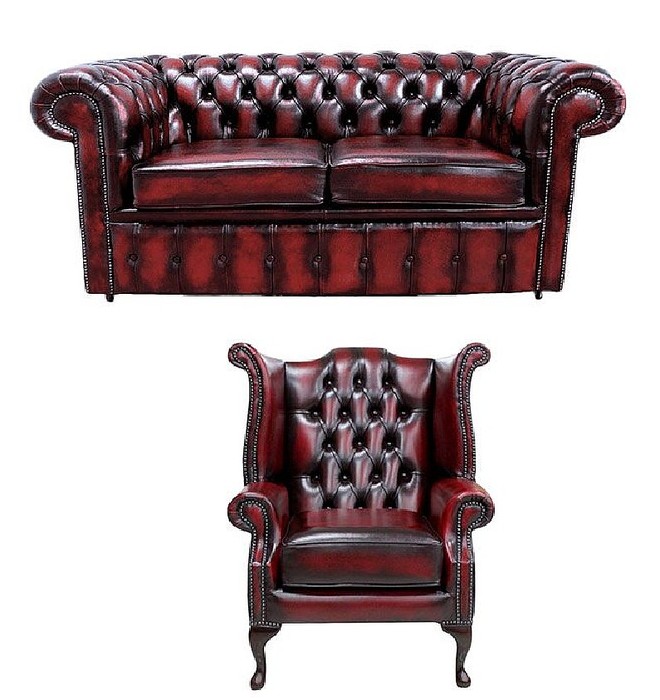 Luxurious Chesterfield Sofa Set 2-Seater + Wing Chair Red Shiny Faux Leather Comfortable Couches New