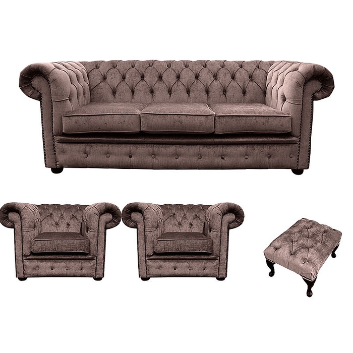 Chesterfield Textile Sofa Set 3+1+1 Seaters + Stool Beige Textile Upholstered Couch New