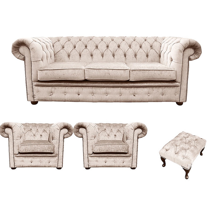 Chesterfield Sofa Set 3+1+1 Seaters + Stool Light Beige Textile Upholstered Couches New