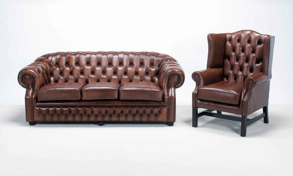 Chesterfield 2-piece Sofa Set 3-Seater + Tall Back Wing Chair Classic Chocolate Brown Faux Leather New