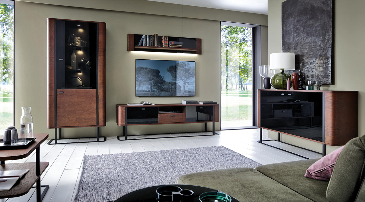 Modern style made of real wooden living room set of showcase, sideboard, TV lowdoard & wall shelf section