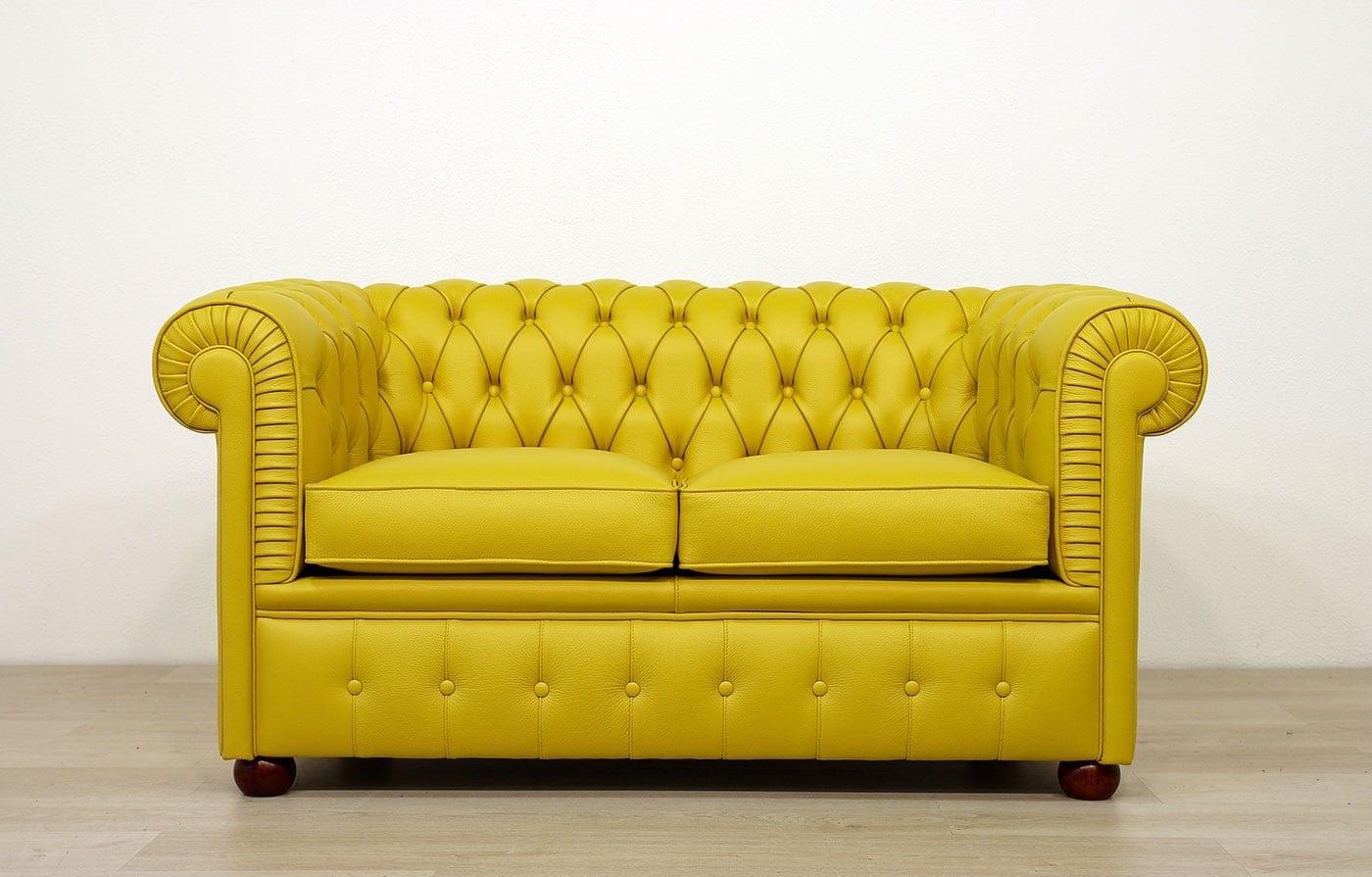 Chesterfield 2-Seater Sofa Bright Yellow Leather Loveseat With Cushions Living Room Couch