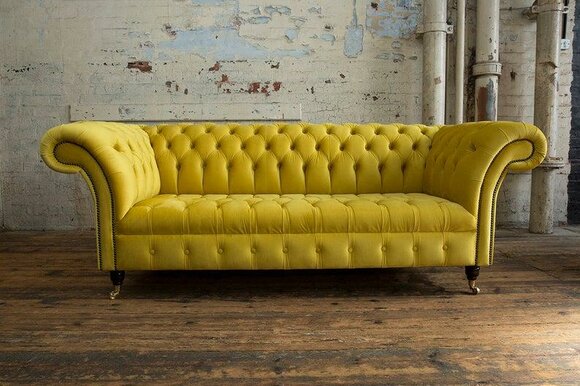 Chesterfield Sofa 3-Seater Bright Yellow Textile With Buttons Comfortable Couch on Castors New