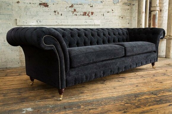 Chesterfield Sofa 4-Seater on Casters Black Textile Upholstered Couch Comfortable with Cushions