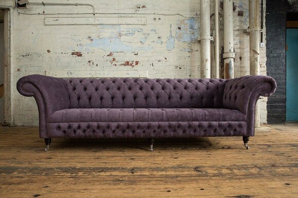 Chesterfield Sofa 4-Seater Classic Purple Upholstery With Casters Living Room Comfortable Textile Couch New