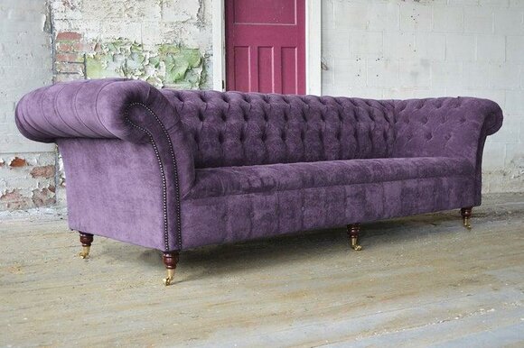 Chesterfield Classic Sofa XXL 4-Seater Purple Textile Couch On Wheels Living Room New