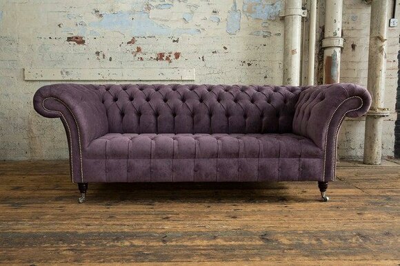 Chesterfield Sofa 3-Seater Purple Textile Upholstered Couch with Casters Living Room Comfortable New