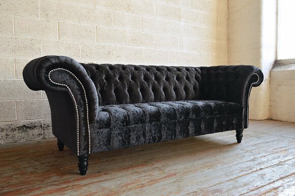 Chesterfield 3 Seater Couch Upholstery Seat Textile Fabric Leather Couches Classic Black New