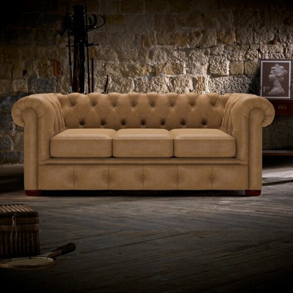 Chesterfield Sofa 3-Seater Beige Classic Living Room Couch Textile Upholstered Comfortable New