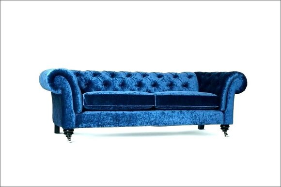 Chesterfield Premium Sofa 3-Seater Blue Velvet Upholstered Soft Cushions Comfortable New