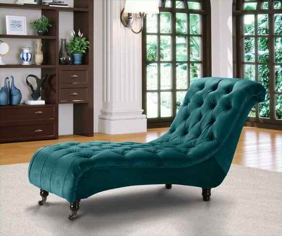 Chesterfield Velvet Chaise Lounge Designer Sofa Club Daybed Textile Fabric Upholstery Turquoise Blue