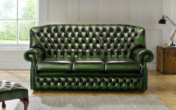 Chesterfield Antique Style Sofa 3-Seater Classic Green Faux Leather Comfortable With Cushions New