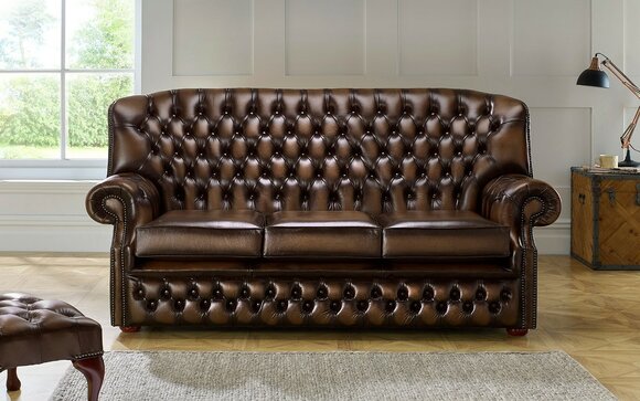 Chesterfield Classic Sofa 3-Seater Dark Brown Leather Luxurious Royal Design With Cushions Comfortable New