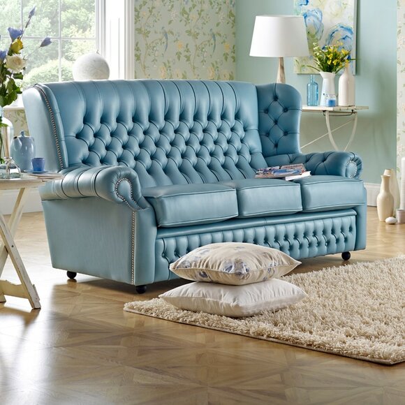 Classic Chesterfield Sofa 3-Seater Luxurious Design Blue Premium Faux Leather With Cushions