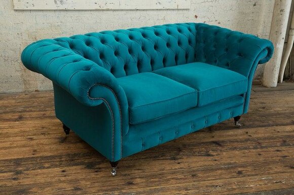 Chesterfield Sofa Turquoise Blue 3-seater on Casters Comfortable Living Room Couch With Cushions New