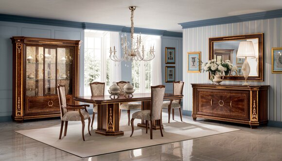 Dining room set of wooden rectangular sliding table with 1 insert & 8x chairs in antique style italian furniture arredoclassic™