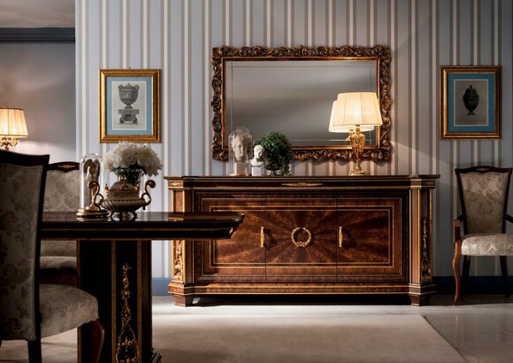 Living room XXL wall unit sideboard with 3x swing doors & mirror made of wood in baroque style