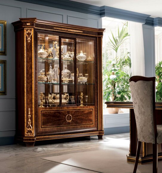 Living Room Wooden Display Cabinet with 3x Glass French Doors in Classic Baroque Style