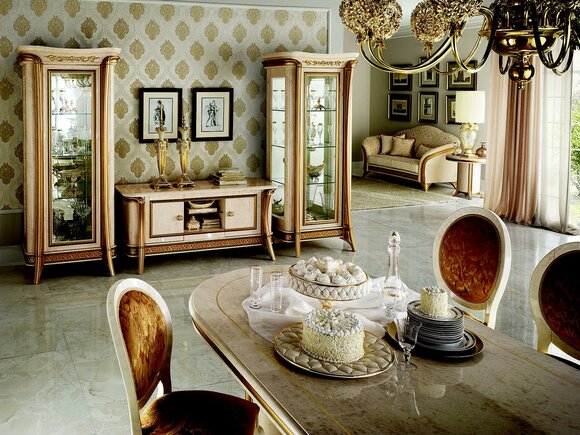 Italian living room wall unit of 2x glass showcase & TV lowboard with shelves in art nouveau style