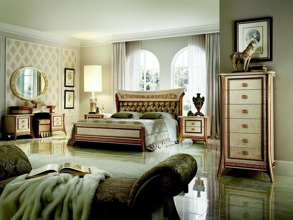 Bedroom set of chesterfield double bed and 2x bedside console in art nouveau italian furniture arredoclassic™